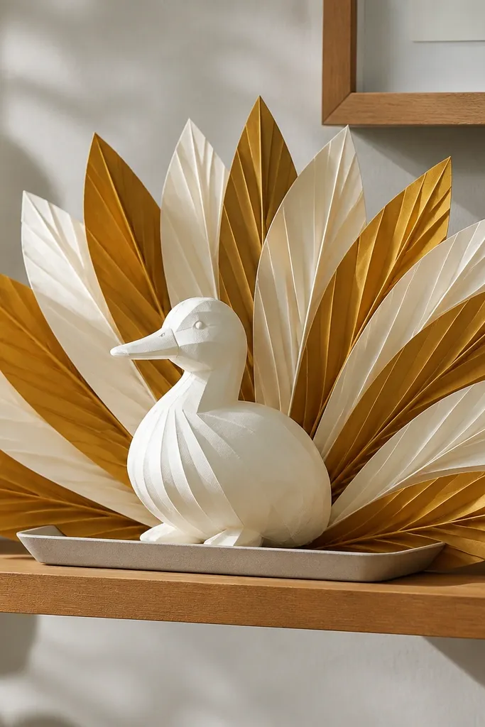 Layered paper feather fan backdrop behind a paper duck on a shelf