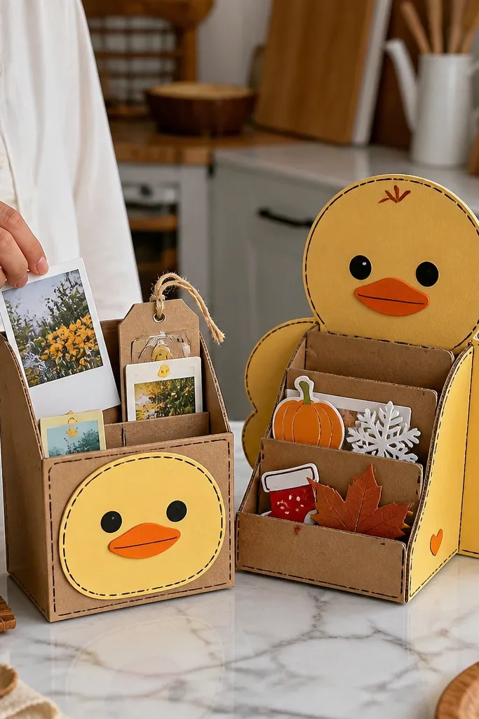 Folded paper market bag organizer with duck label sitting beside a duck