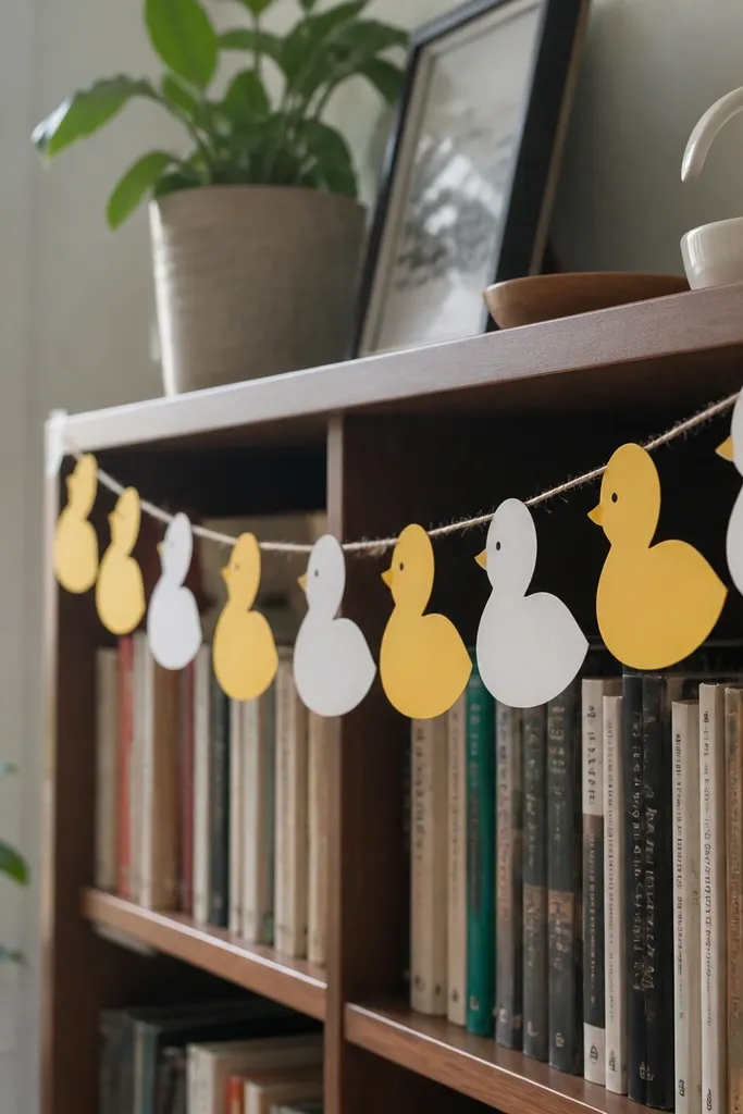 Small paper banner with repeated duck shapes strung on twine