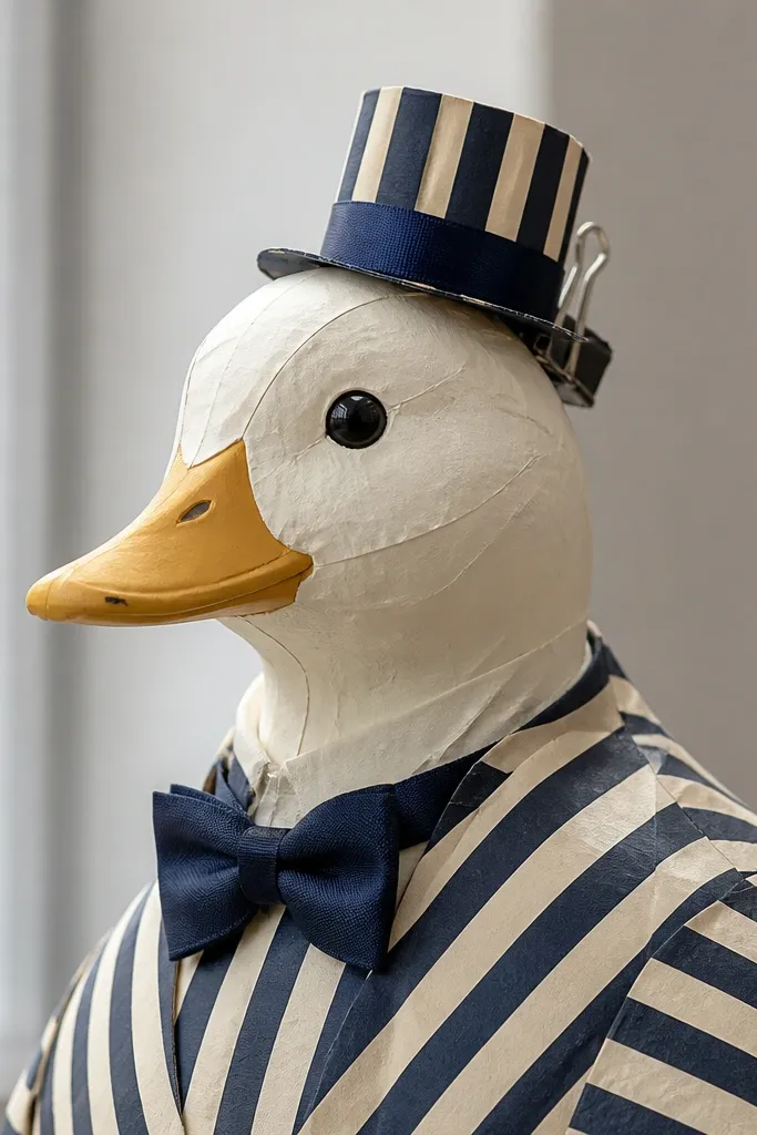 Three mini paper hats on small binder clips arranged beside a duck