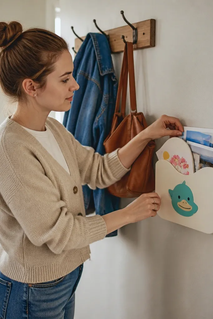 Small paper pocket holder on a wall for cards with a duck face label