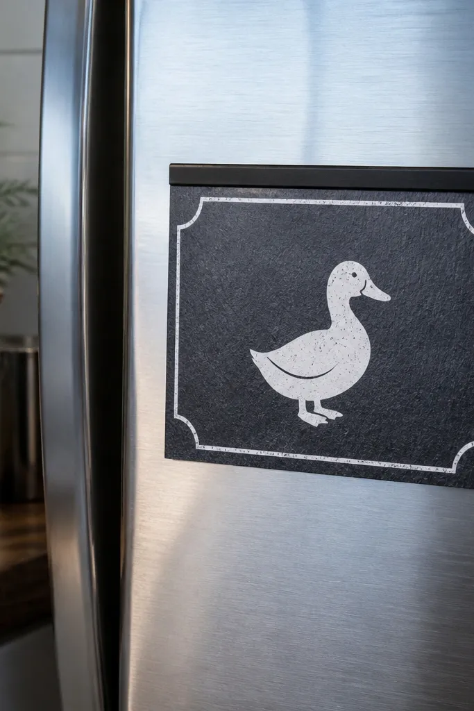 Mini blackboard paper sign with duck icon and magnetic strip backing