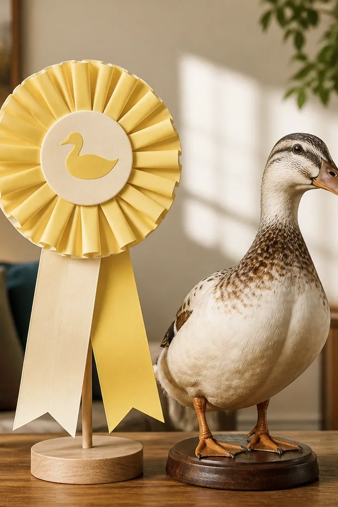 Paper rosette with ribbon tail and duck label mounted on a small stand