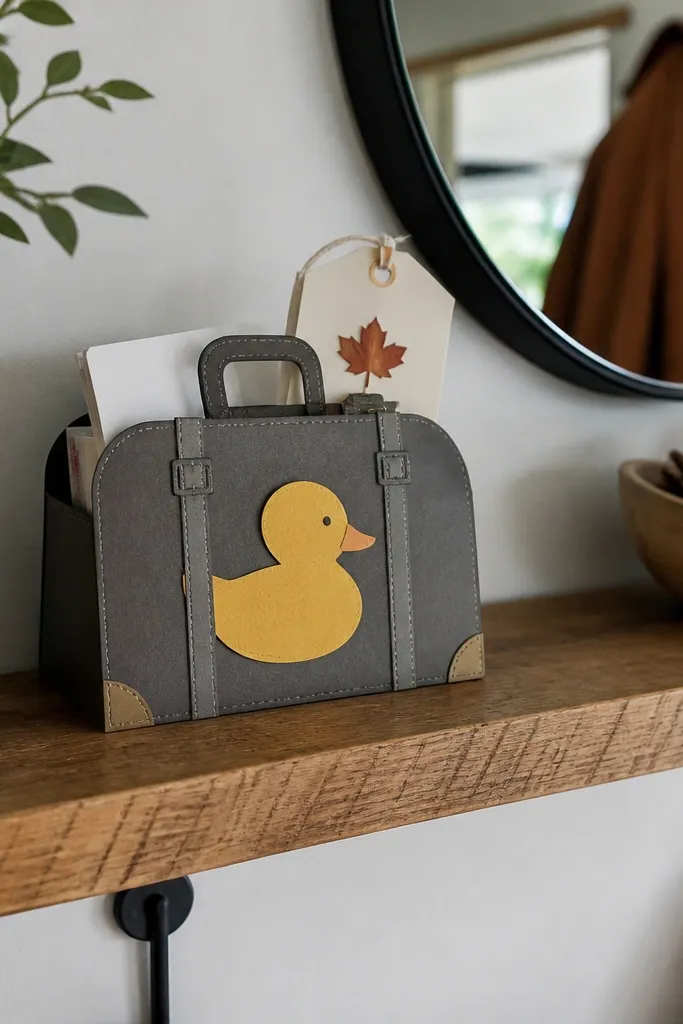 Small paper suitcase box with a duck label and open lid