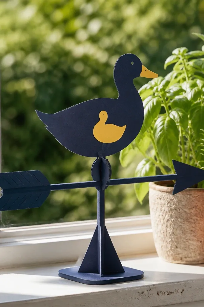 Paper weather vane with arrow shape and duck icon mounted on a dowel