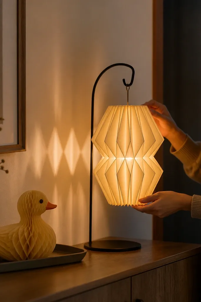 Folded paper lantern with duck panel cutouts and a hanging loop