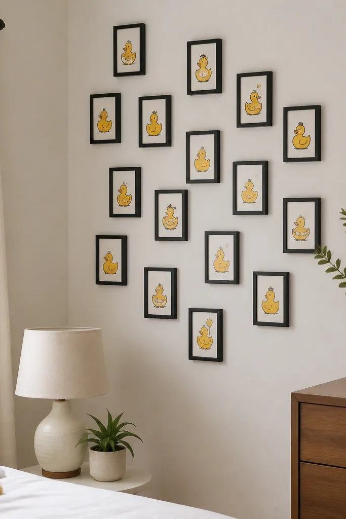 Three tiny paper frames with duck art cards arranged in a renter-friendly grid