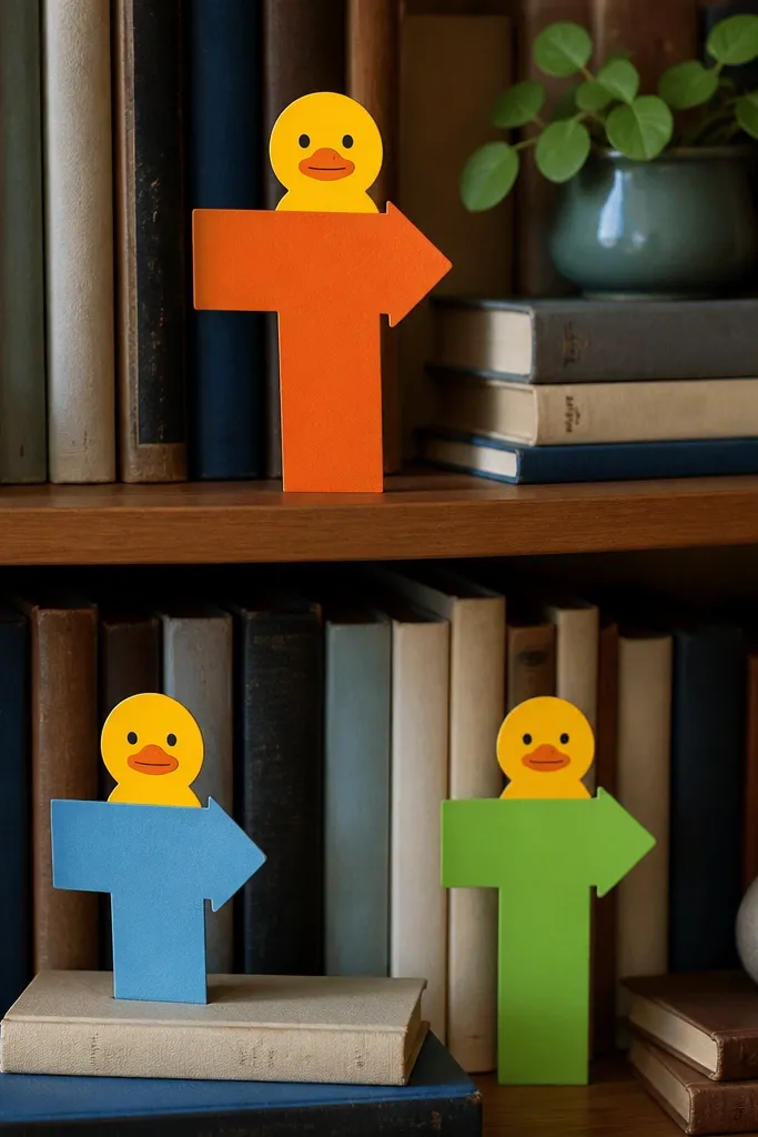 Tall paper bookmark signs with duck icons standing in a book stack