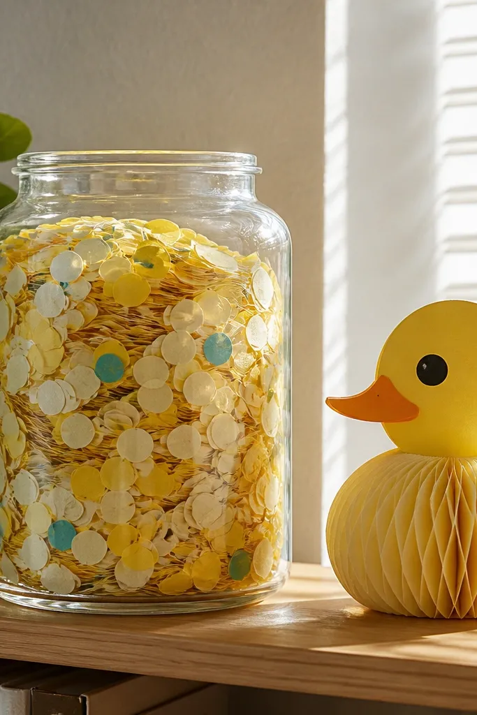 Paper confetti garland hanging inside a jar-shaped paper container