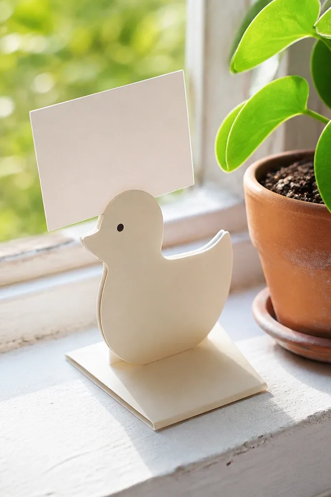 Small paper stand sign with duck icon placed next to a plant pot