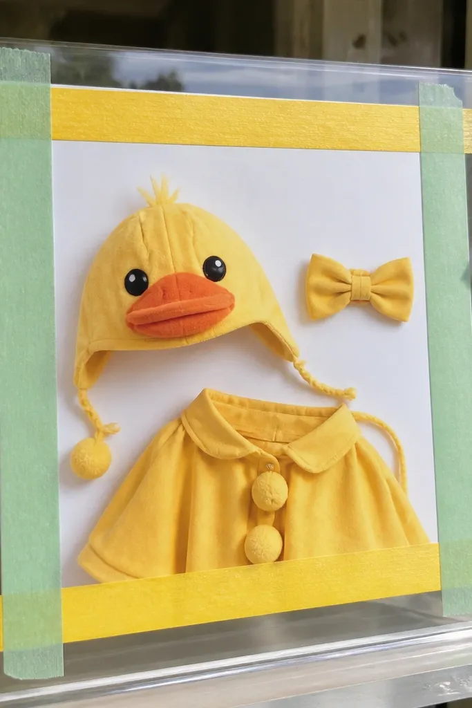 Clear plastic sheet framed with washi tape and duck label near a paper duck