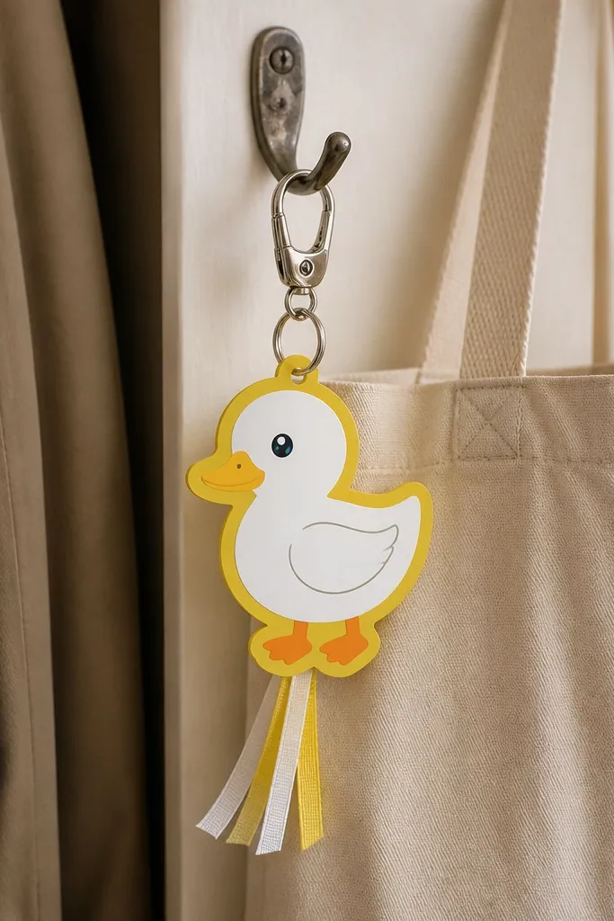 Small paper duck charm with ribbon loop attached to a keychain ring