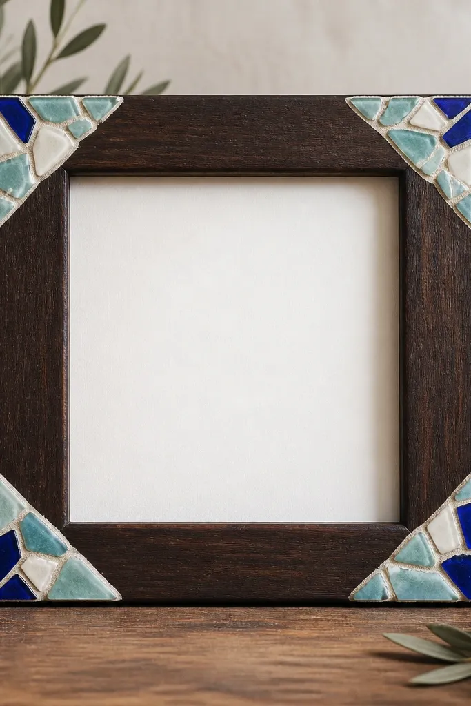 A dark wood frame with only the four corners covered in small broken tile pieces in seafoam, cobalt, and off-white, with grout-like lines and a smooth sealed surface over the mosaic.