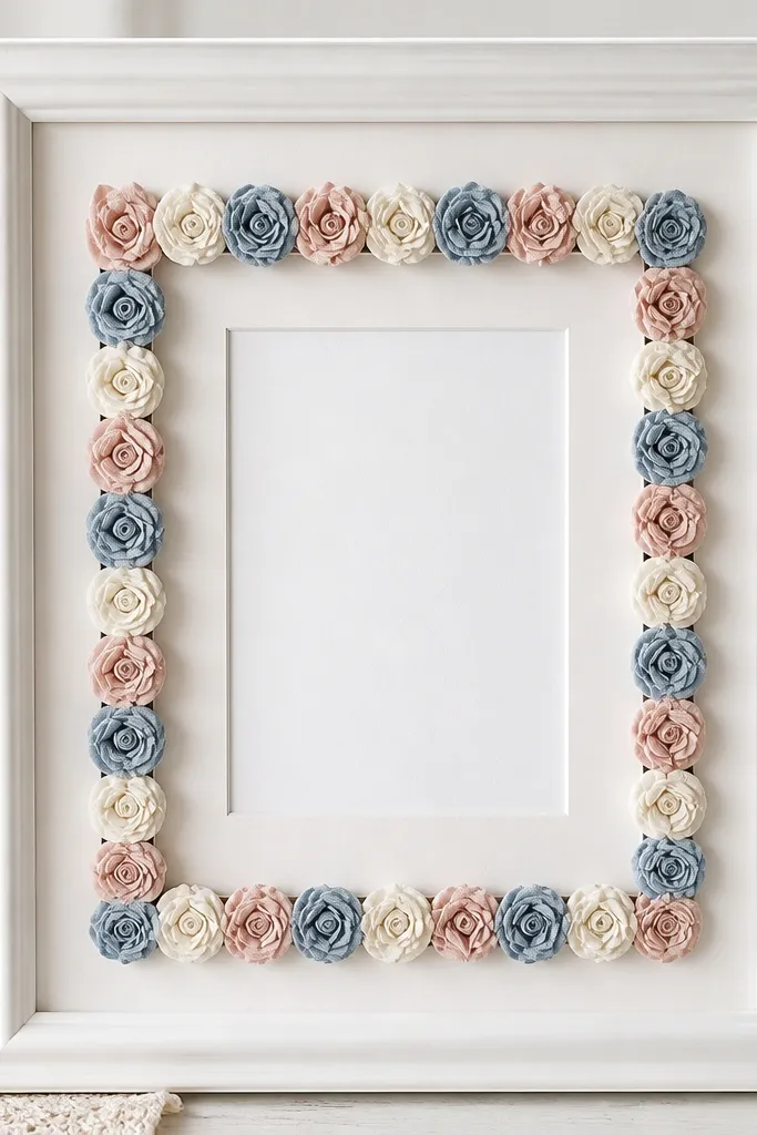 A white frame with a ring of small fabric rosettes in blush, dusty blue, and ivory around the inner mat, with each rosette layered and slightly raised.