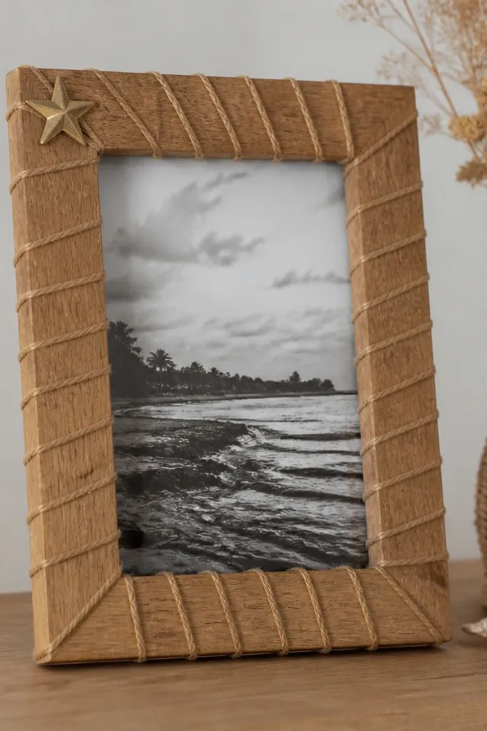 A natural wood frame wrapped in tan twine in a smooth spiral, with a small five-point star made from a brass nail or nail head in the top corner.