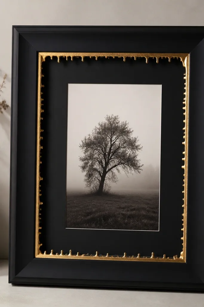 A black-painted frame with gold leaf applied in controlled drips along the inner edge, like paint drips but metallic, with a clean matte finish elsewhere.