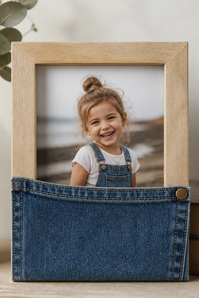 A light wood frame covered at the bottom with a sewn denim pocket patch, with visible stitching and a small brass rivet, holding a photo slightly above the pocket.