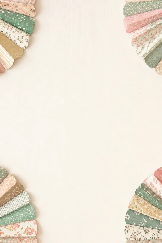 A cream frame with paper fan shapes tucked into each corner, made from layered patterned scrapbook paper strips with alternating prints.