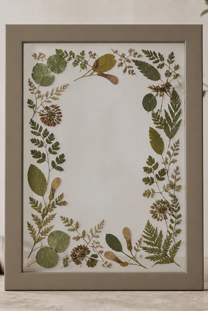 A taupe frame with a thin clear film showing pressed leaves and seeds arranged along the inner border, with a smooth sealed surface and a natural green-brown palette.