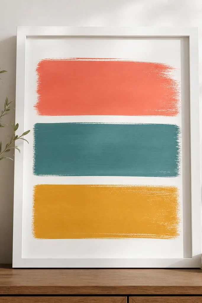 A white frame with three horizontal paint swipes in coral, teal, and mustard, with crisp masking tape lines and slightly textured brush strokes.