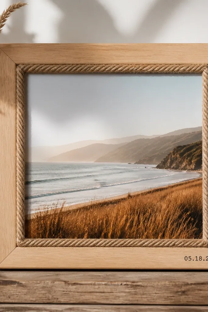 A light wood frame with a rope border glued around the inner edge, plus a small stamped date in black ink near the bottom right.