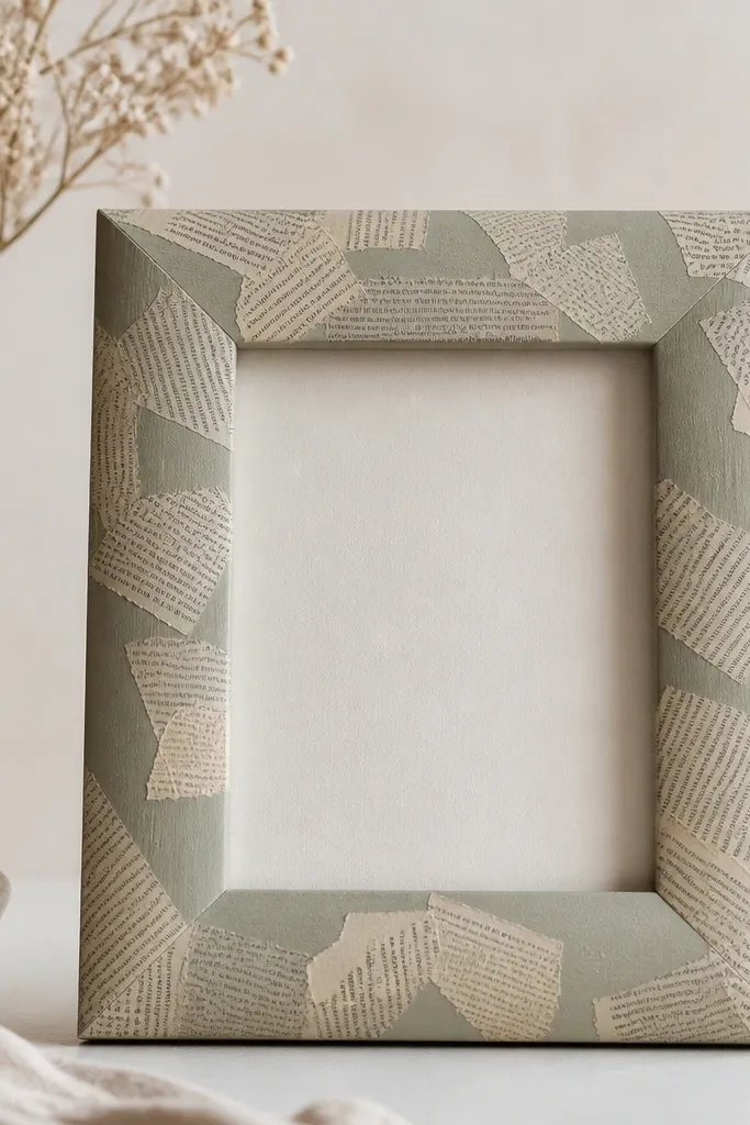 A gray-green frame covered in decoupage using torn book pages, with visible text fragments and torn edges that blend into a smooth matte finish.