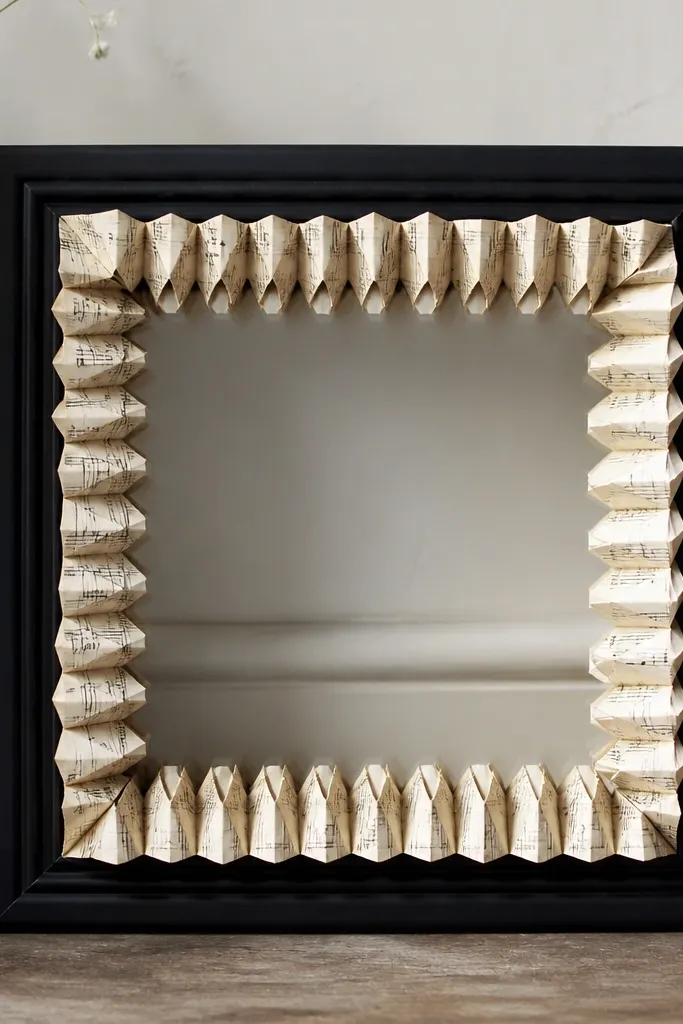 A black frame with a border made from accordion-folded strips of sheet music paper, forming small peaks around the inside edge.