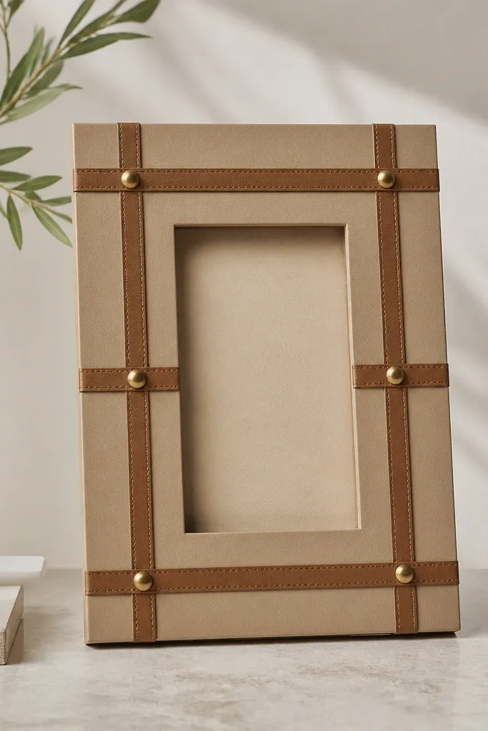 A tan frame with faux leather strips applied in a grid pattern, edged with small brass nailheads at intersections.