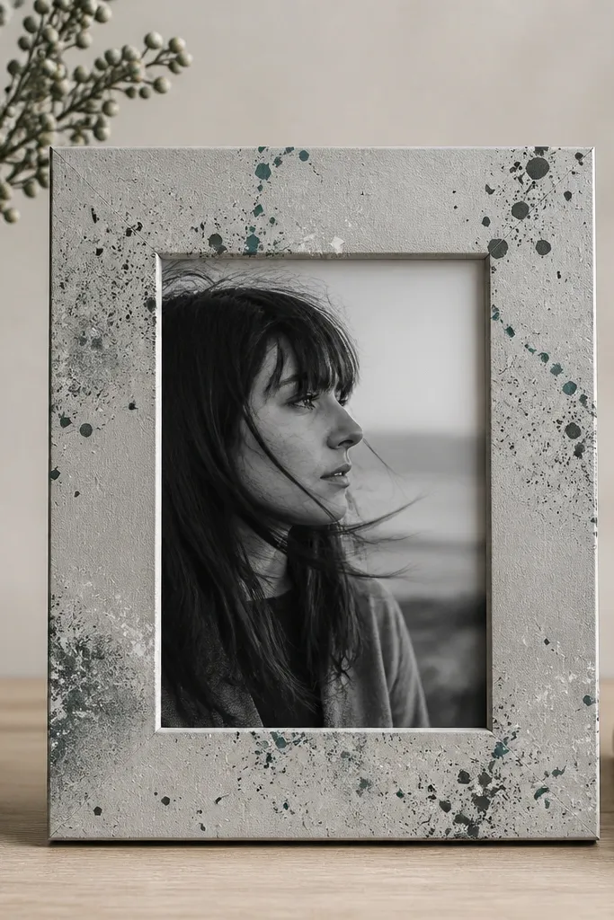 A pale gray frame with controlled paint splatters in black, charcoal, and muted teal, with a matte finish that looks slightly textured.