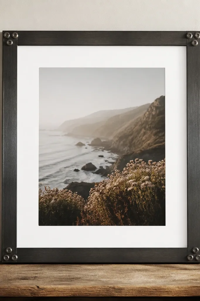 A black metal-looking frame with small washers and bolts clustered at each corner, with a brushed steel finish and a clean inner mat.