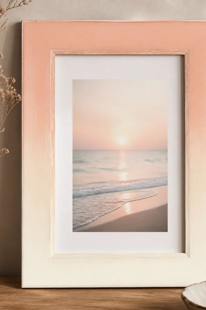 A light wood frame painted with a soft ombre from pale peach at the top to pale cream at the bottom, with a dry-brushed edge along the inner border.