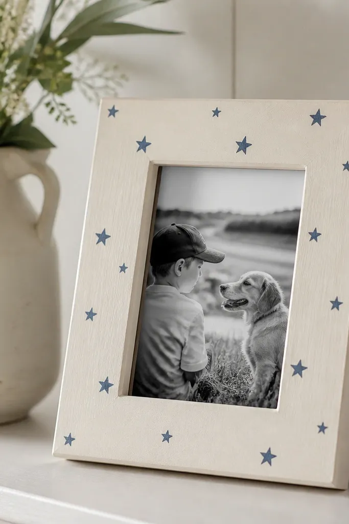 A cream frame with scattered small star stencils painted in muted navy, with visible brush texture and crisp stencil edges.