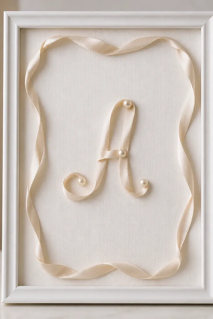 A white frame wrapped with a satin ribbon in a clean loop around the inner edge, with a small monogram letter made from ribbon and pearl pushpins.
