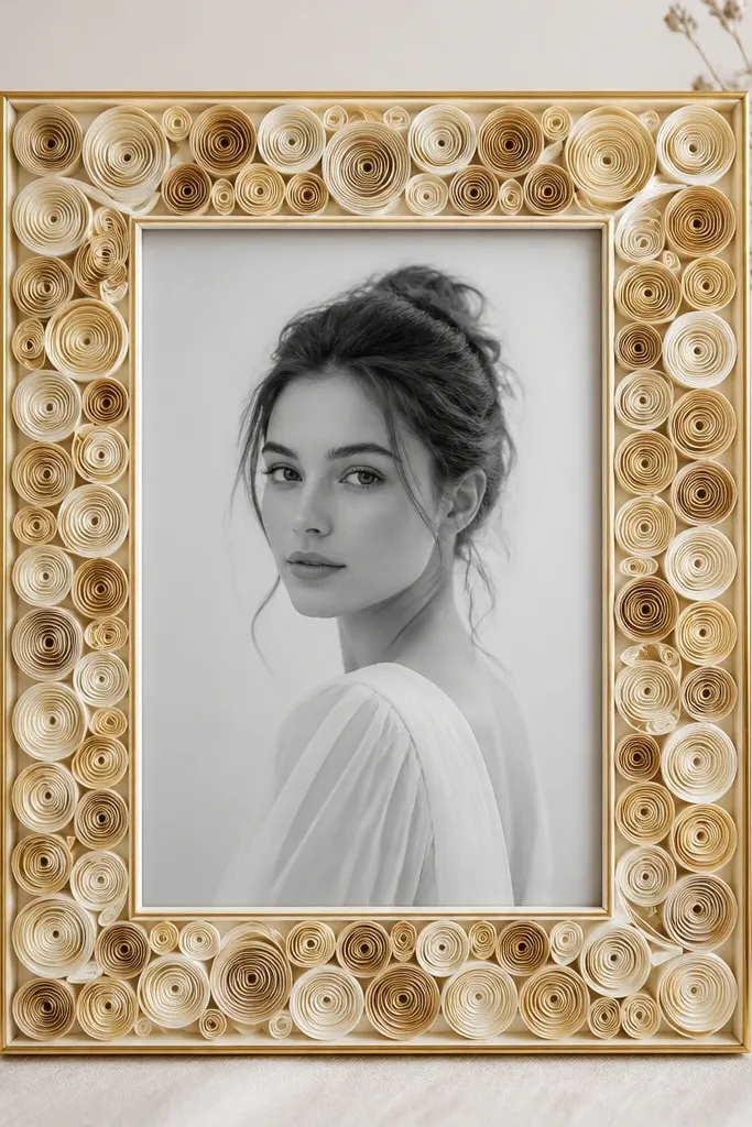 A thin gold frame with a quilled paper rectangle border made of tightly rolled coils in pale gold and cream, centered around the photo opening.