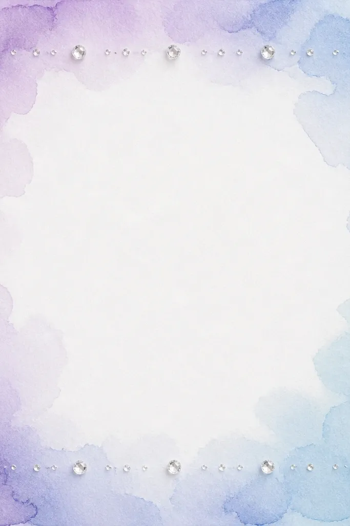 A pastel watercolor-washed frame (lavender and pale blue) with small clear acrylic gems placed in a dotted pattern near the corners and along the inner edge.