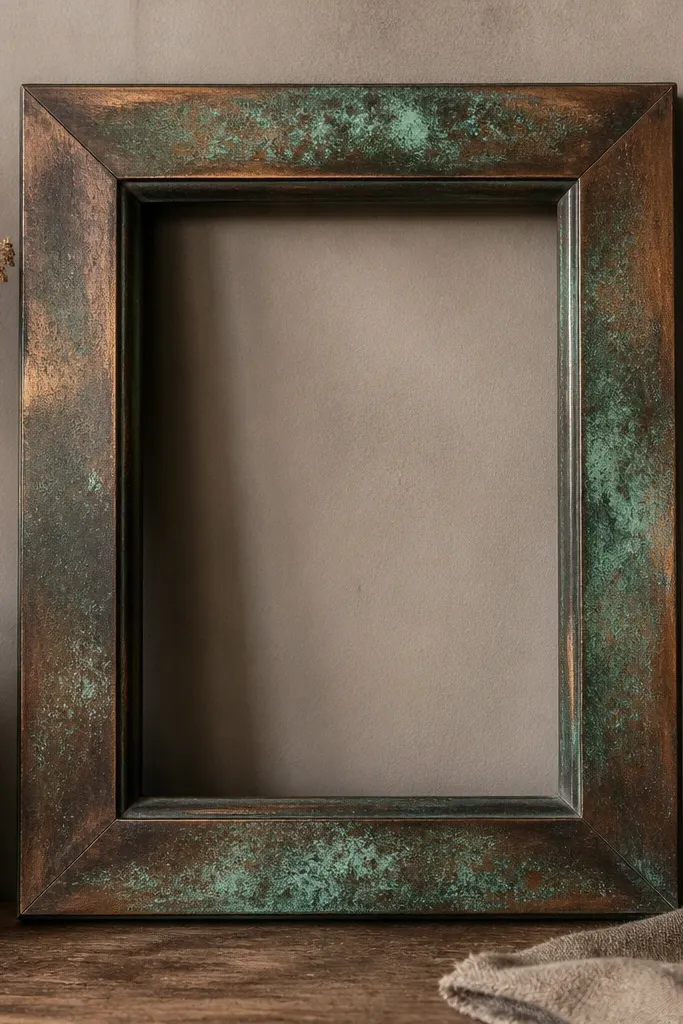 A dark frame with a sponge-applied copper patina effect, showing greenish streaks and warm copper highlights, like weathered metal.