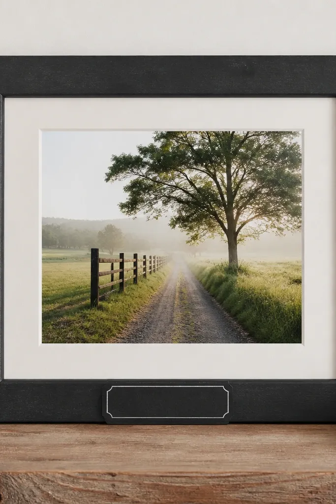 A matte black chalkboard-style frame with a small strip label in the bottom center, handwritten in white chalk, and a clean inner mat holding a photo.