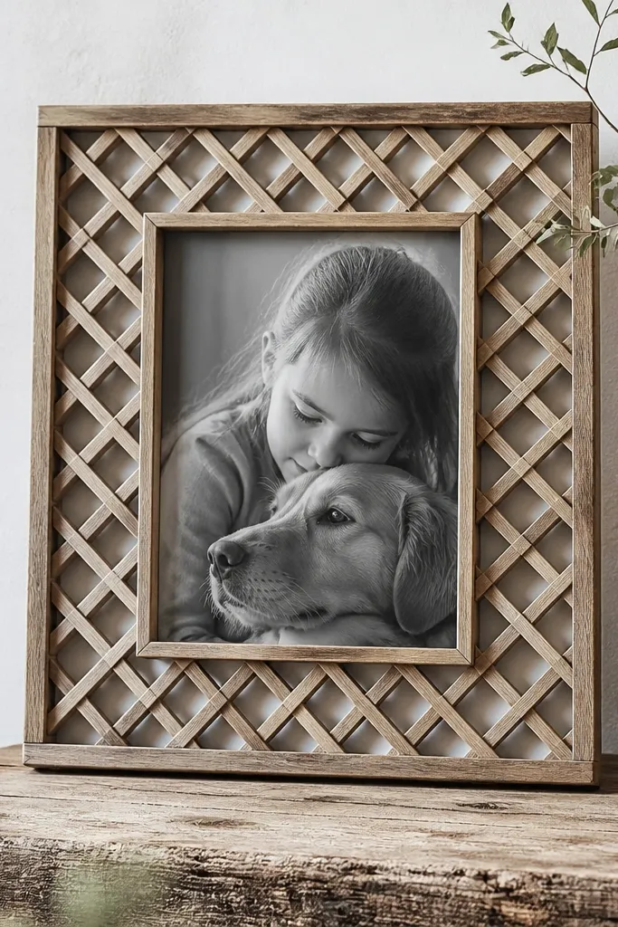 A natural wood frame with a lattice border made from thin reclaimed wood slats crossing diagonally, creating small diamond shapes around the inner opening.