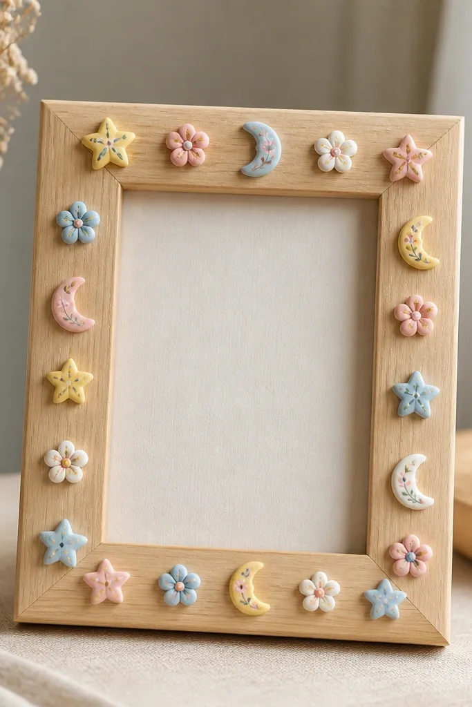 A light wood frame with tiny polymer clay charms shaped like stars, flowers, and half-moons attached around the inner border, with painted details.
