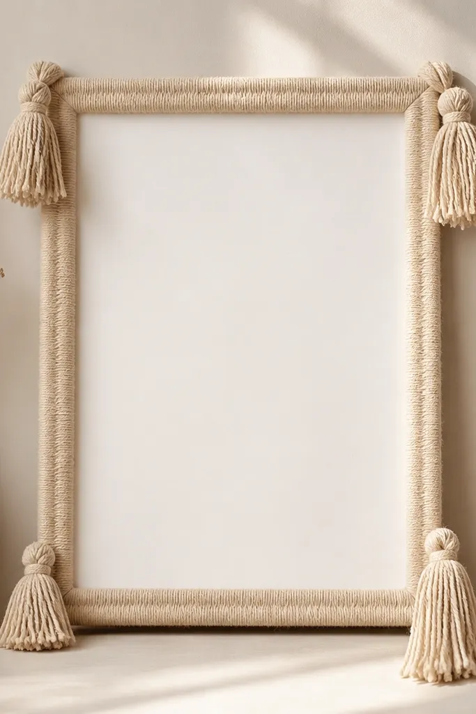 A beige frame with four tassels at the corners made from thick yarn, each tassel tied with a small knot and slightly different lengths.