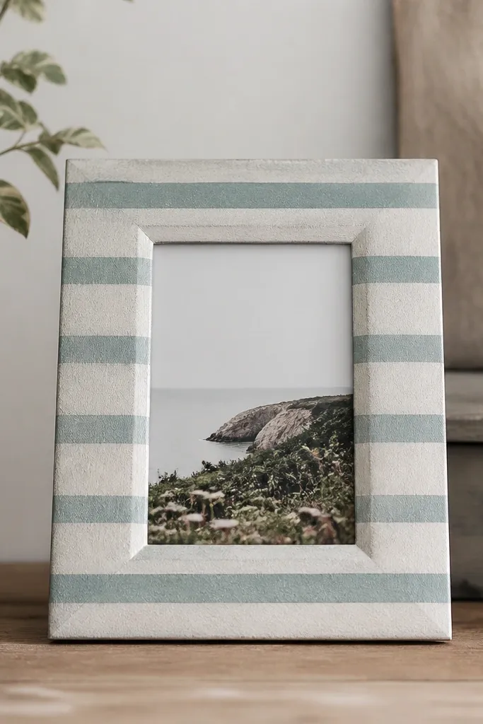 A thrifted gray frame painted with white and muted teal stripes using a stencil, with the paint looking slightly fabric-like and matte.