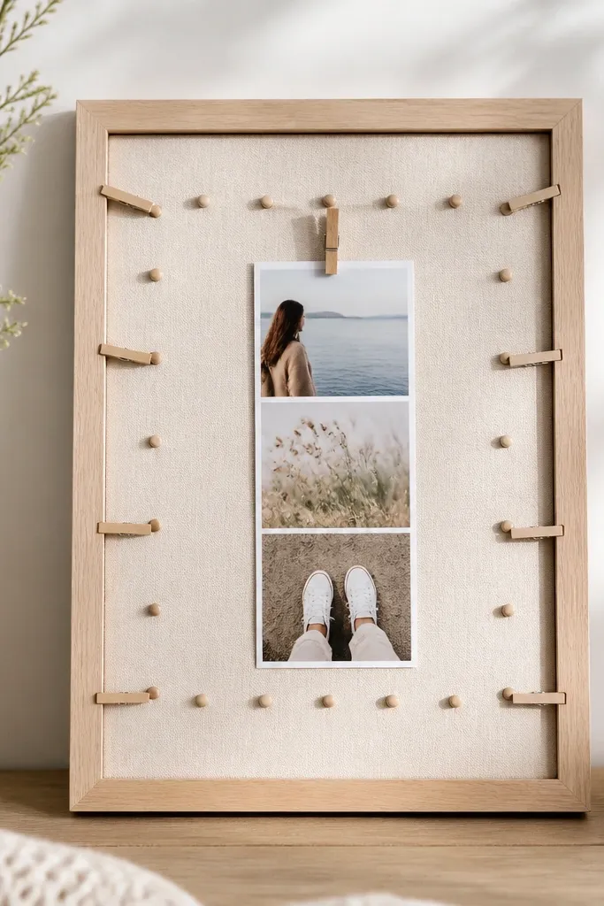 A light wood frame with a mini grid of tiny pegs and clothespins around the border, and a small photo strip clipped in the middle.