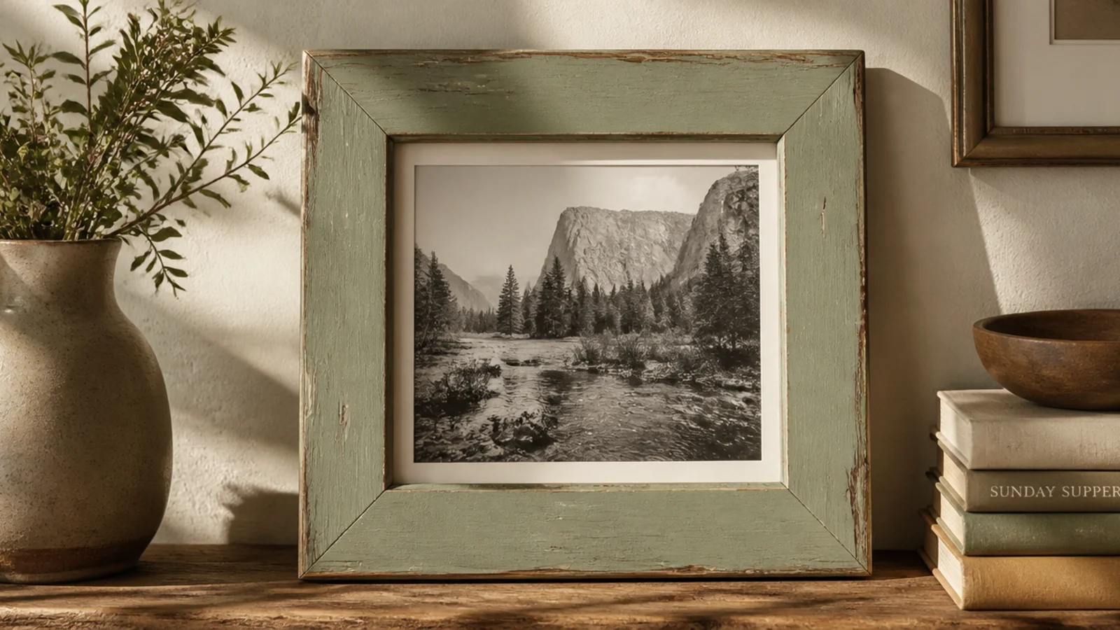 A dated wooden frame repainted in soft matte sage green, holding a black-and-white photo, leaning on a shelf.