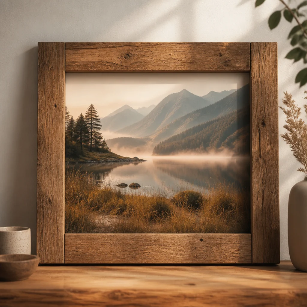 A chunky natural-wood photo frame built from four flat scrap-wood strips with visible grain, holding a landscape print.