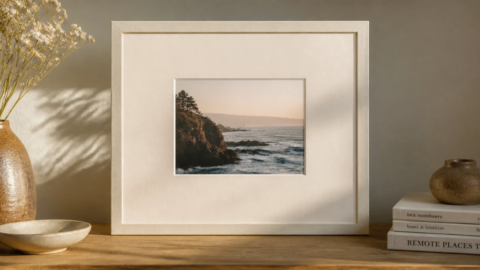 A clean cream frame made from layered cardboard with a wide mat border around a small central photo.
