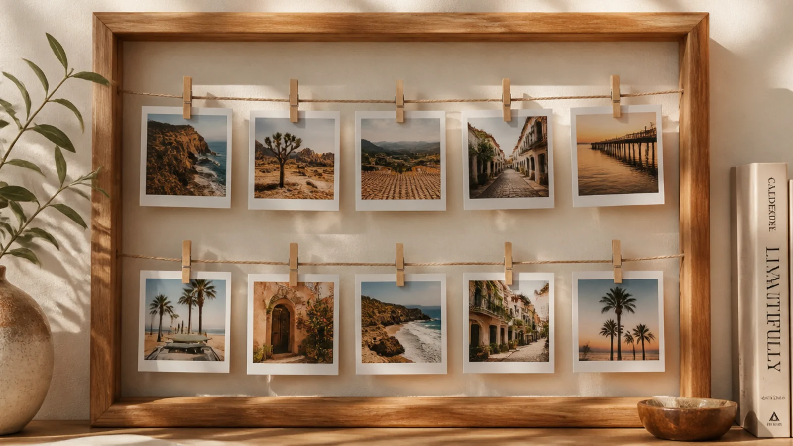 A simple wooden frame with two twine lines strung across it and mini clothespins clipping small snapshots.