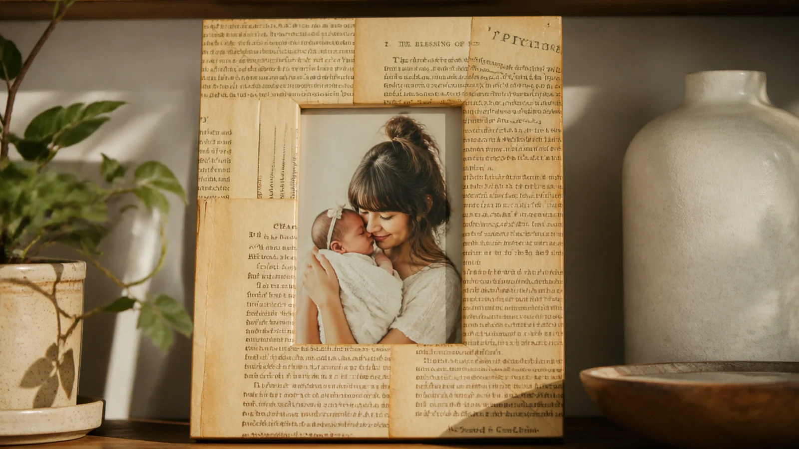 A frame surface covered in aged book pages decoupaged flat, surrounding a central photo opening.