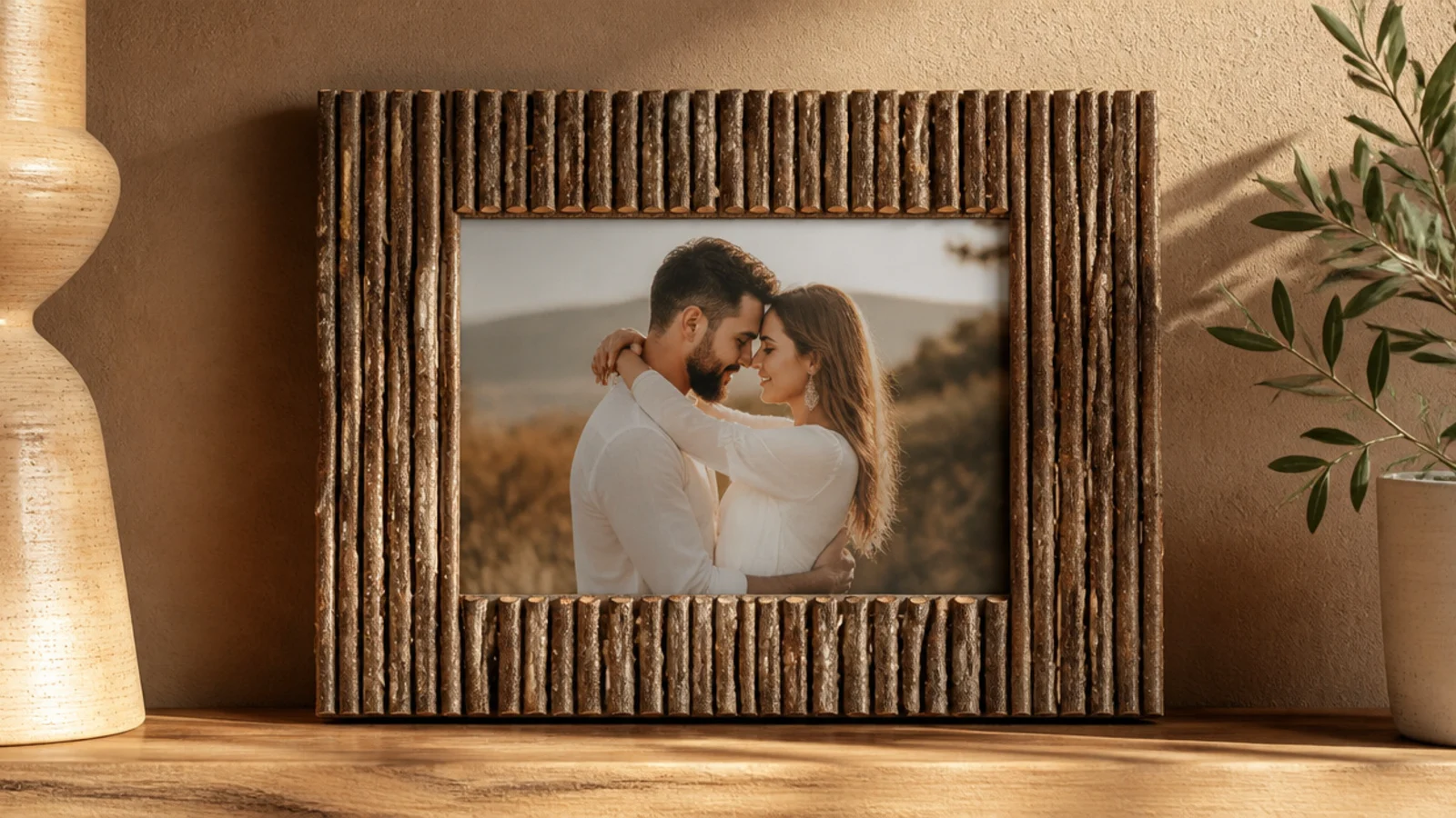 A rustic frame edged with straight twigs glued side by side around a photo, natural bark showing.