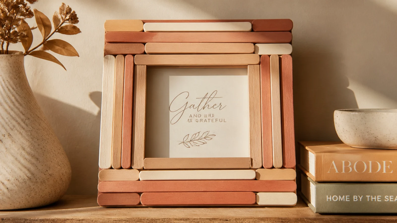 A small frame built from craft sticks painted in muted terracotta and cream, stacked in a neat square.
