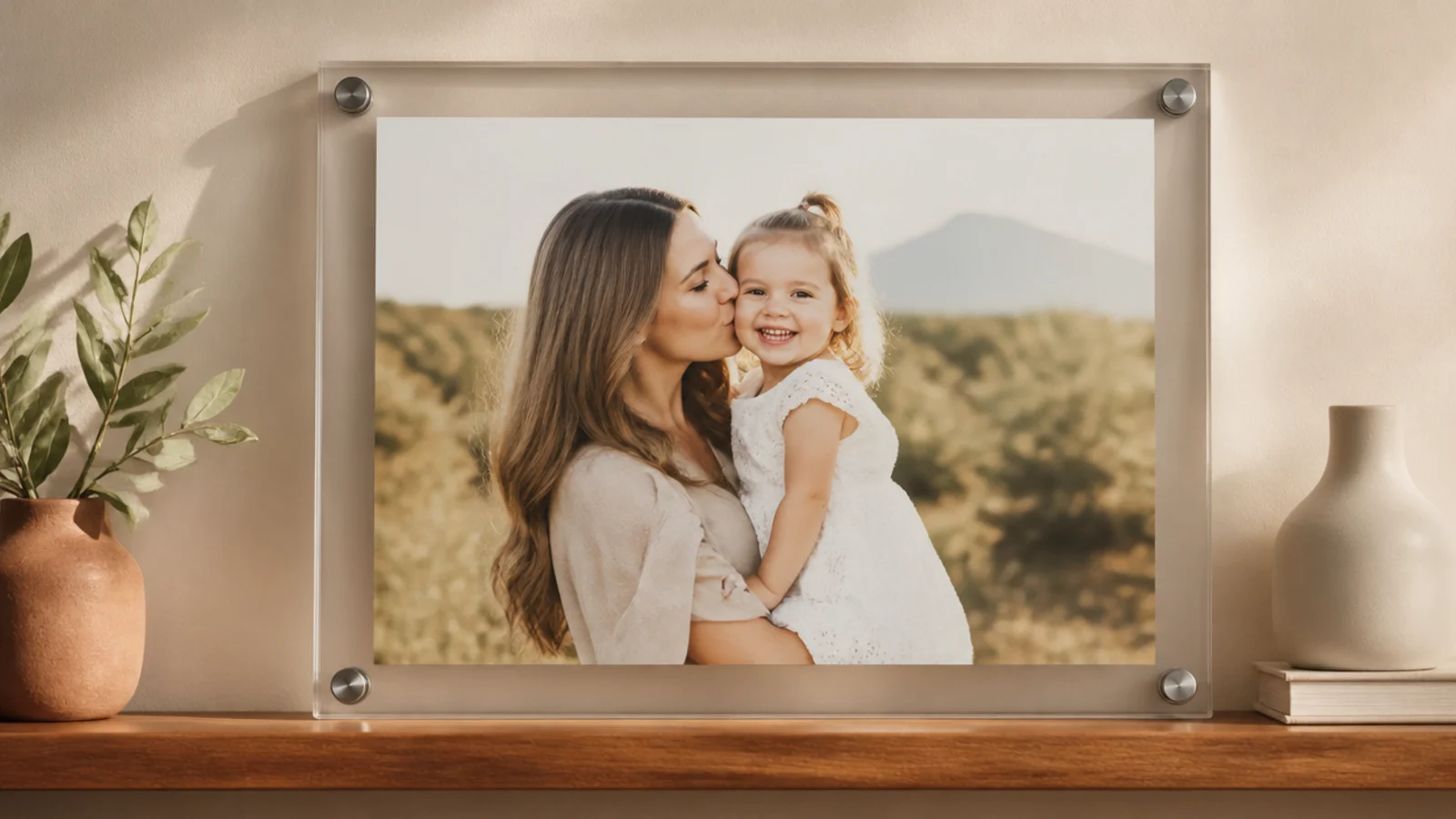 A photo sandwiched between two clear acrylic panels held by four small standoff screws, appearing to float.